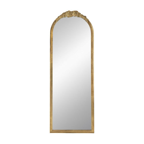 Antique gold arched floor mirror with floral crest