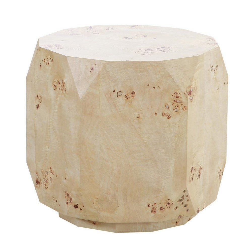 Burl wood veneer drum side table in natural brown