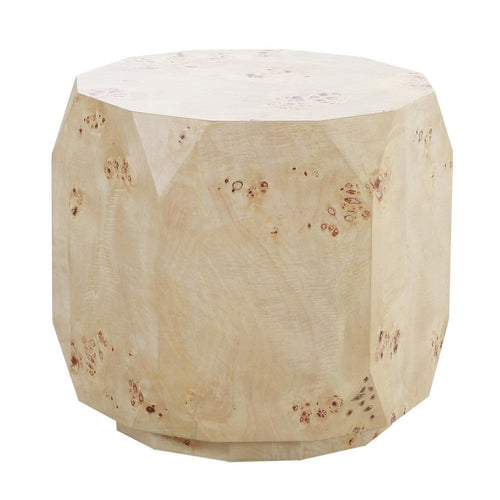 Burl wood veneer drum side table in natural brown