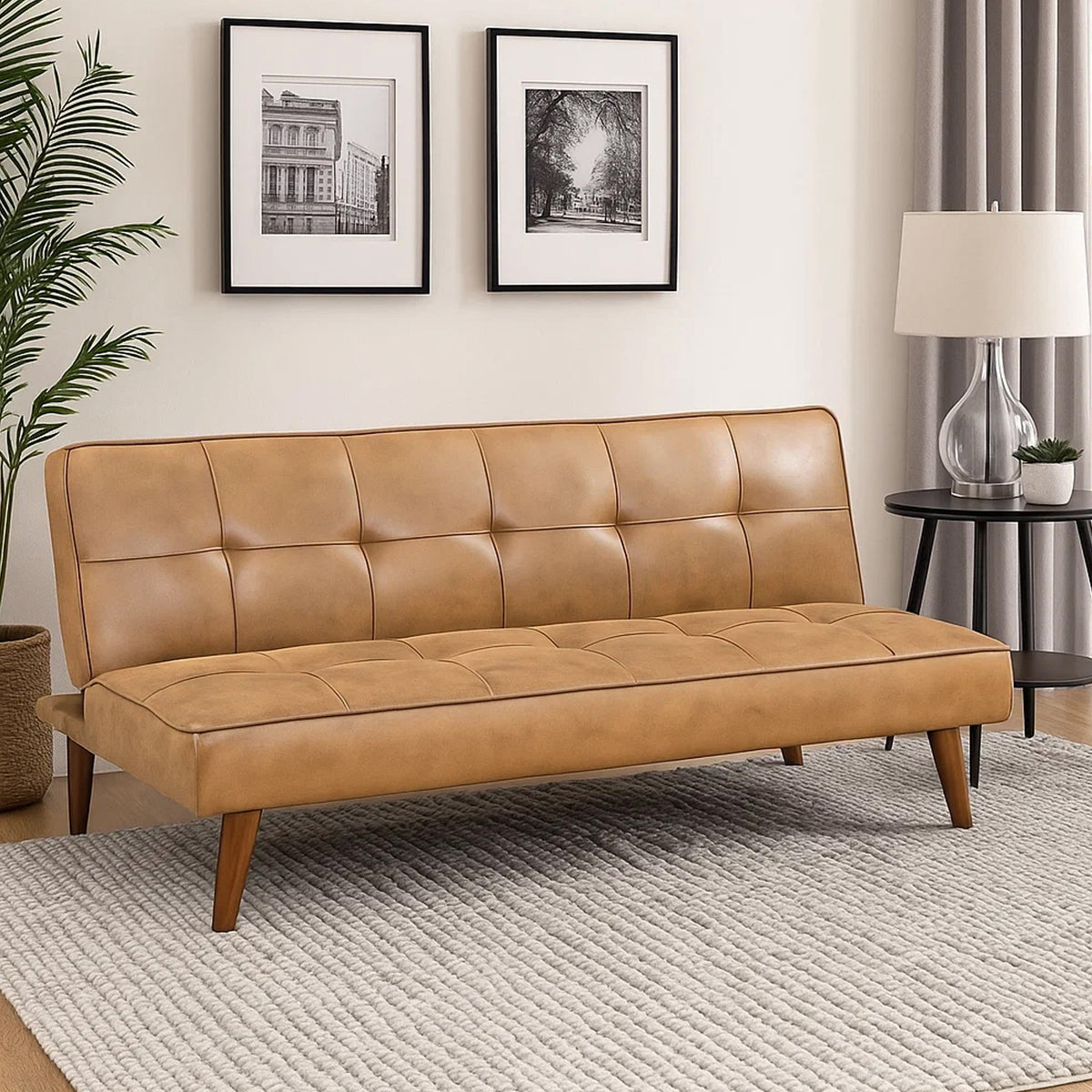 Sena Futon Sofa Bed, Light Brown Faux Leather