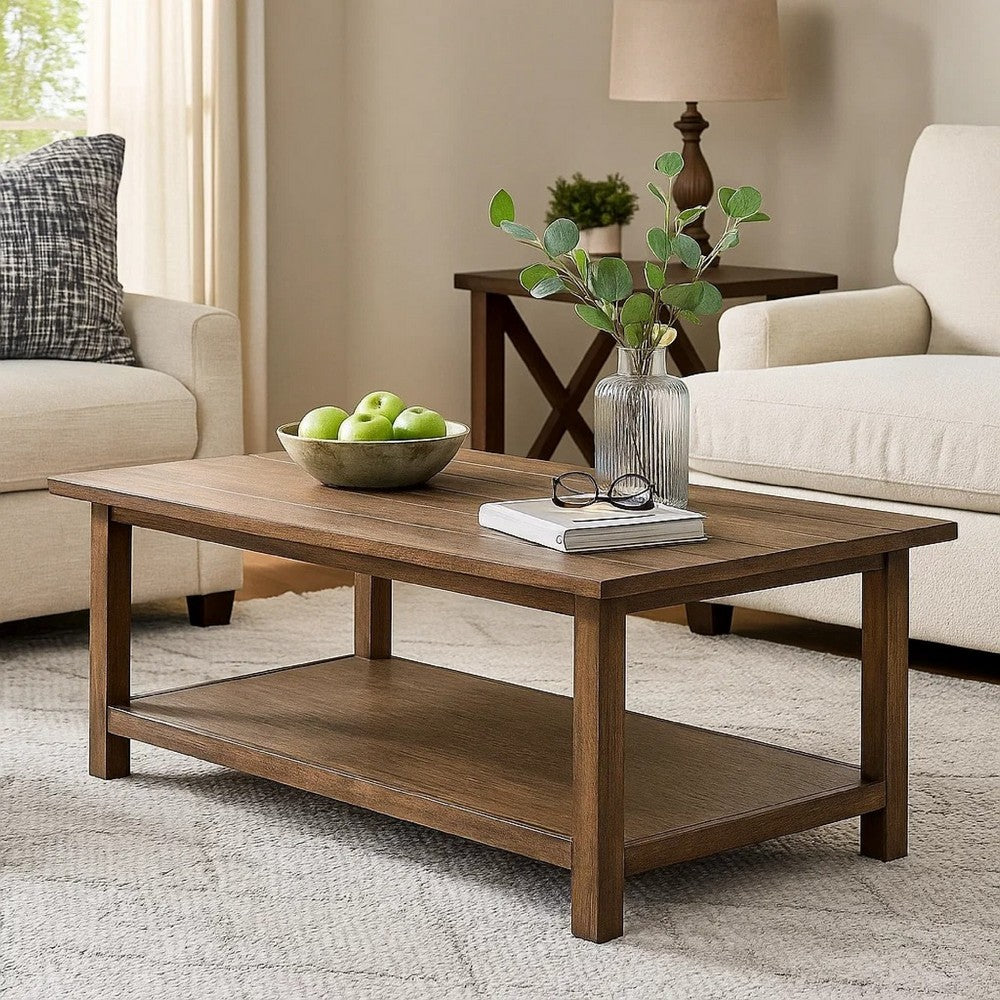 Ayne Coffee Table with Shelf, Distressed Brown, 47"