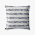 Loloi blue and ivory striped fringe throw pillow