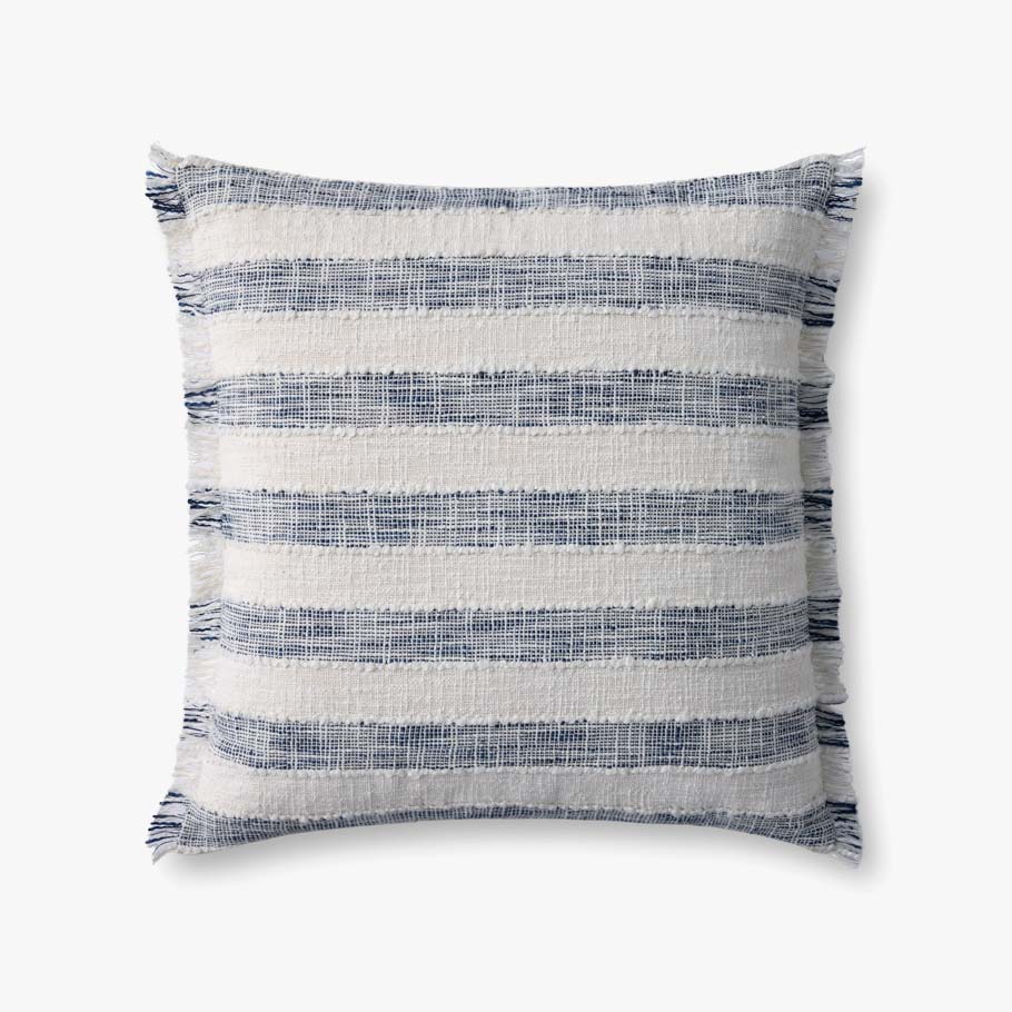Loloi blue and ivory striped fringe throw pillow