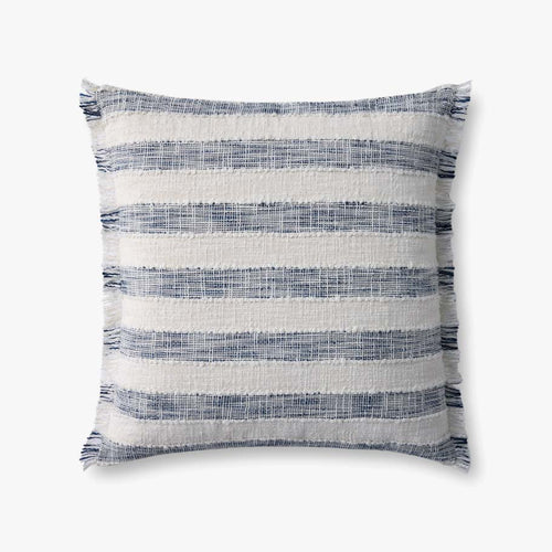 Loloi blue and ivory striped fringe throw pillow