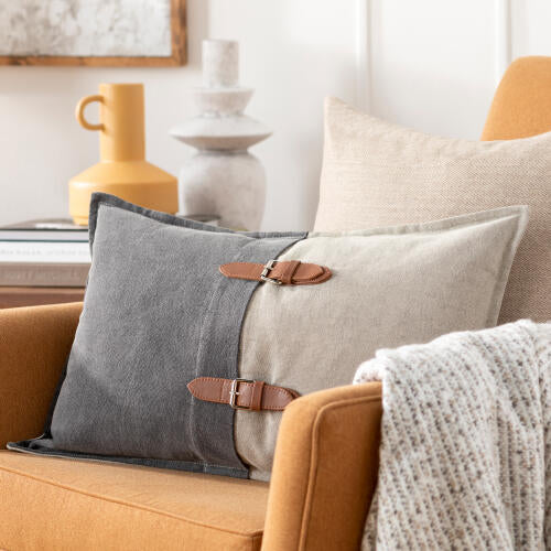 Branson Lumbar Pillow with Leather Accents, 14" x 22"
