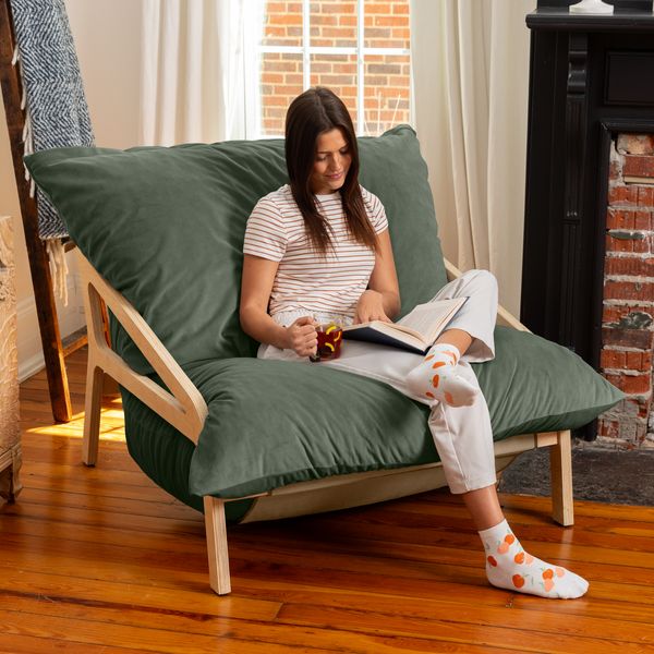 Jaxx Pillow Saxx Dream Lounger with Wood Frame, Green Velvet