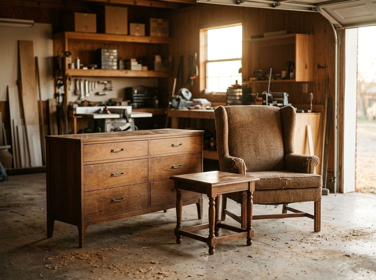 Quality used furniture pieces with good bones gathered for assessment and resale.
