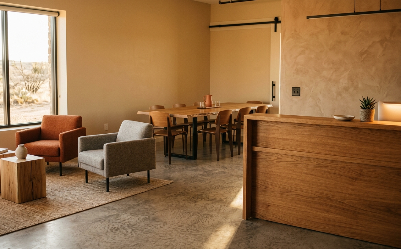 A finished office fit-out with a wood reception desk and conference table ready for opening day.
