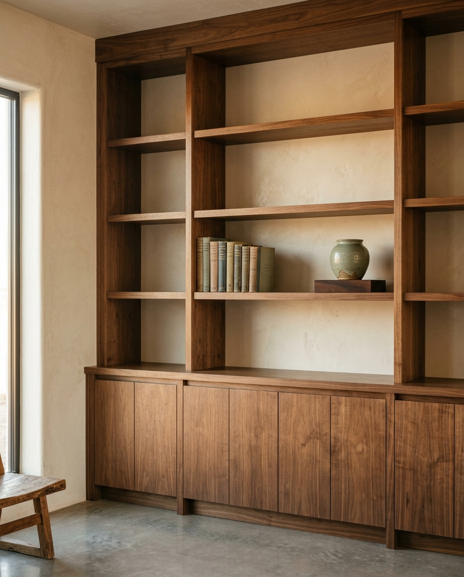 Floor-to-ceiling custom wood built-in shelving fitted into a plaster wall.