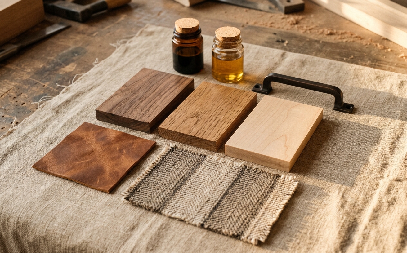 A close-up of wood, fabric, and finish material samples used in custom furniture work.