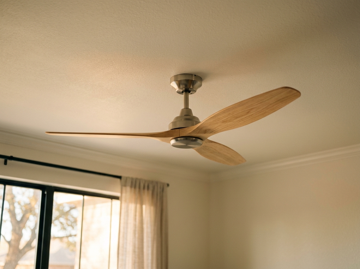 A ceiling fan with natural-wood blades cleanly installed on a warm ceiling.