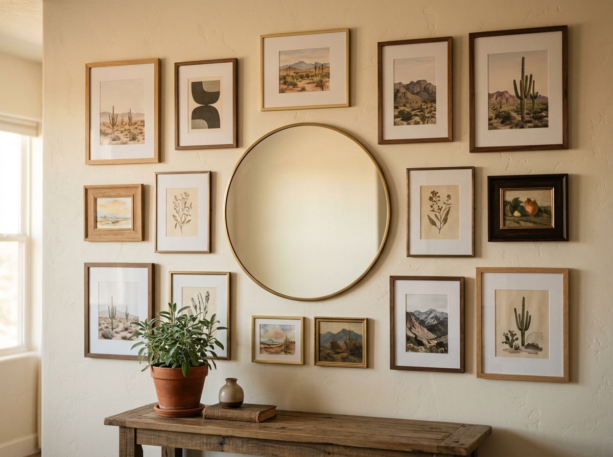 A leveled gallery wall of framed art and a round mirror hung evenly on a warm wall.
