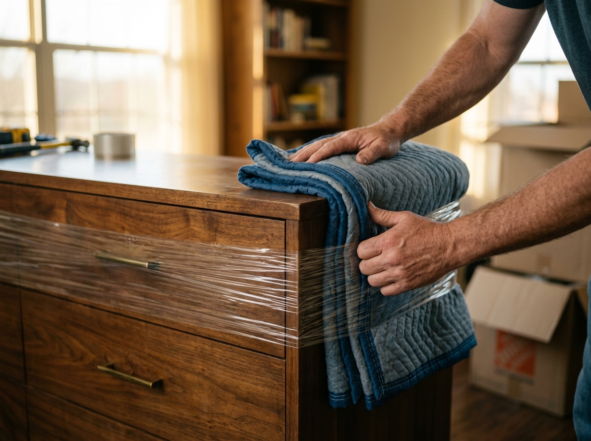Hands wrapping a solid-wood dresser in moving blankets to protect the finish in transit.